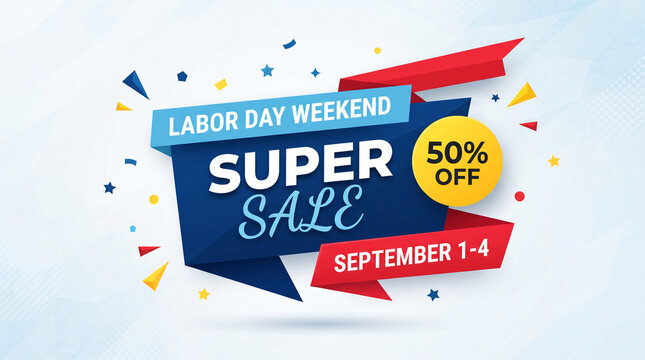 Festive geometric design announcing a Labor Day weekend super sale with 50% off, representing a promotional event.