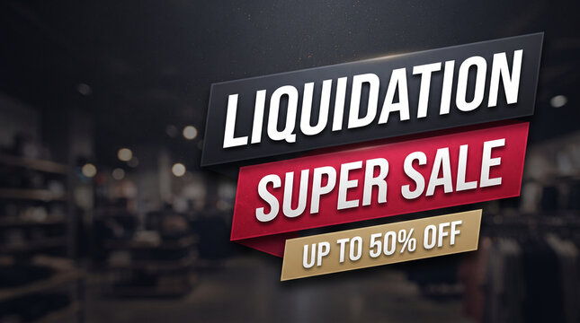 Bold text announces a liquidation super sale with up to 50% off, perfect for retail promotion and business marketing.