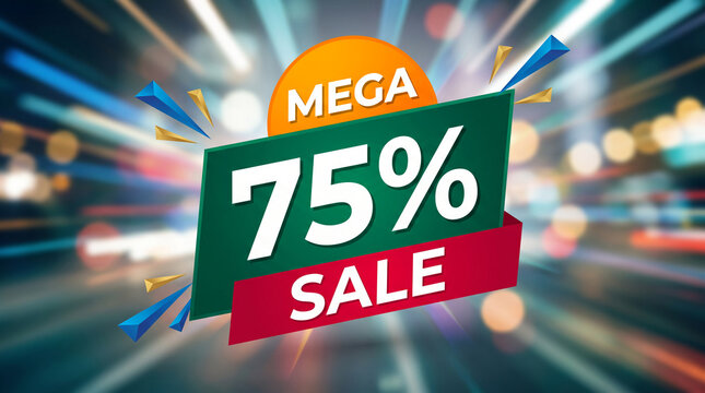 Mega 75% sale announcement with abstract geometric shapes and blurred light streaks, symbolizing a significant promotional event for retail or business.