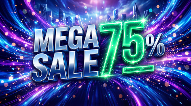3D text "MEGA SALE 75%" over a vibrant city skyline with abstract light streaks, symbolizing a significant retail event or promotion.