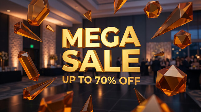 Golden text "MEGA SALE UP TO 70% OFF" with floating geometric crystal shapes, symbolizing a grand promotion.