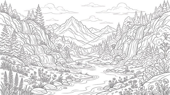 Detailed line art illustration of a mountain landscape with forest and river