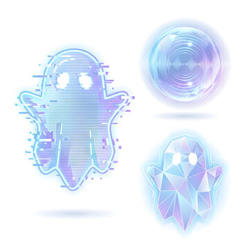Futuristic digital hologram ghosts set glitch spirit soundwave sphere and low poly phantom vector