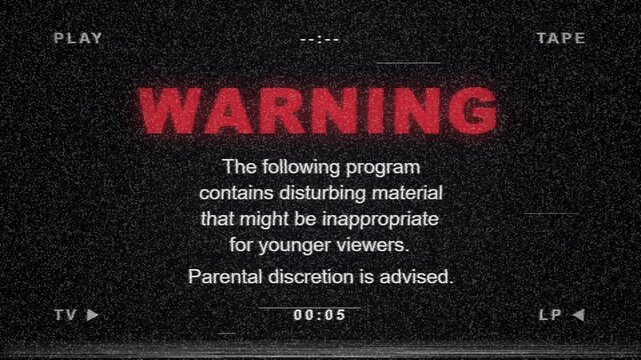 Retro VHS Warning Screen Viewer Discretion Advised, Disturbing Material Notice with Red WARNING Text and Tape Noise