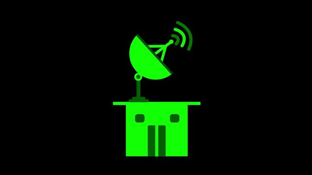 Simple flat icon of a building with a satellite dish sending wireless signal animation