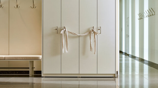 Two loosely crossed fabric pieces on adjacent office lockers