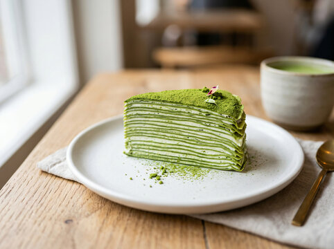 A delicious slice of matcha green tea crepe cake served on a white plate in a cafe.