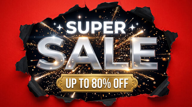 Torn red paper revealing a sparkling "SUPER SALE" announcement with a discount offer, symbolizing great deals and excitement