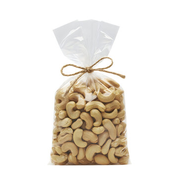 Cashews in clear plastic bag tied with twine isolated on transparent background for food packaging