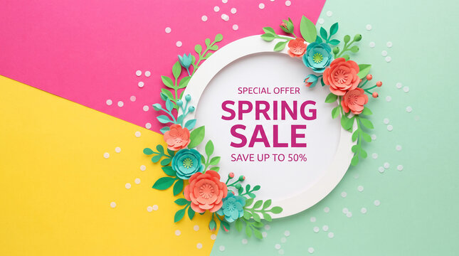 Paper flowers adorn a circular frame with "Spring Sale" text, symbolizing seasonal discounts and fresh beginnings on a tri-colored background.