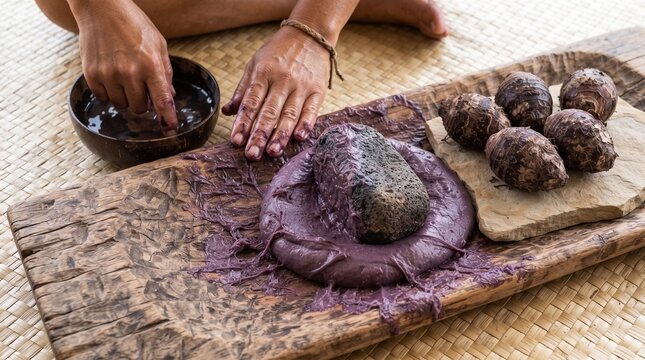 Top Down Flat Lay Traditional Hawaiian Poi Pounding Setup