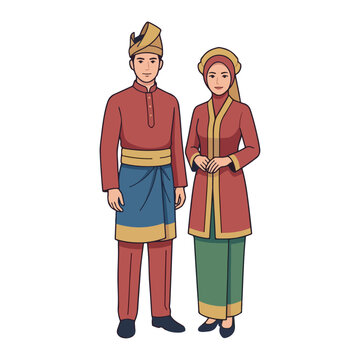 Traditional Malay couple in ethnic baju melayu and baju kurung clothing with tanjak and sampin culture.