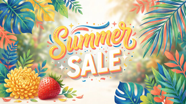 Colorful summer sale text with tropical leaves and strawberry, representing seasonal promotion and vibrant celebration