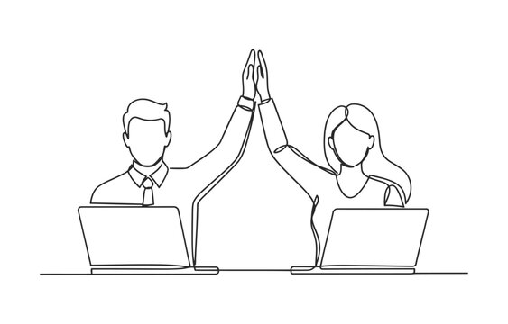 Continuous line drawing of business colleagues giving a high five at their desks with business teamwork