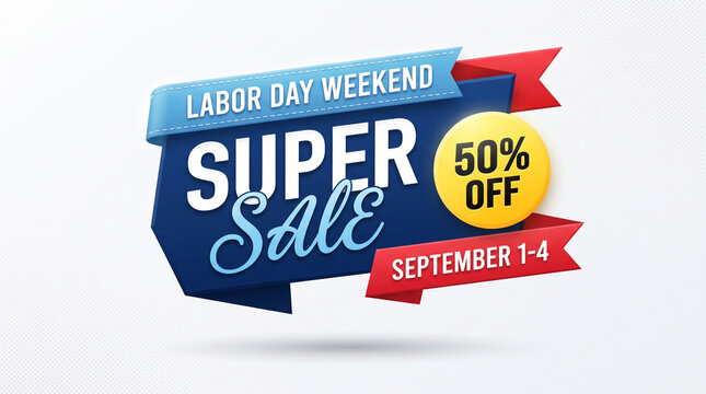 Labor Day Weekend Super Sale banner with 50% off offer and dates September 1-4, symbolizing savings and special promotion