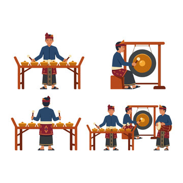 Indonesian gamelan musician set playing traditional instrument like gong, bonang, and kendang culture illustration.