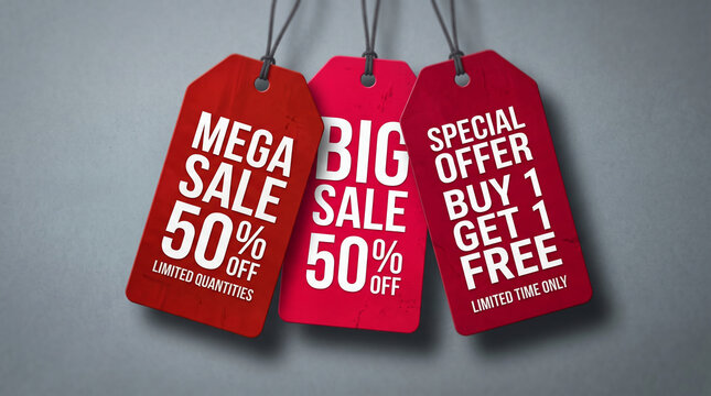 Red sale tags with discount offers, showcasing mega sale, big sale, and special offer, symbolizing savings and retail promotions