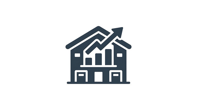A warehouse icon showing a bar chart with an upward arrow for growth with representing warehouse building