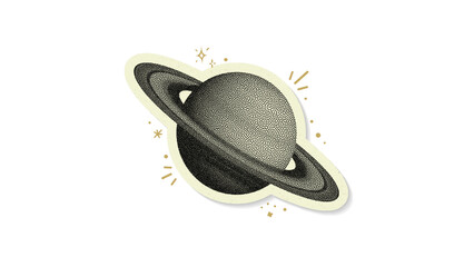 Saturn sticker with stipple shading in retro vector style, featuring dotted ring details, glowing sparkle accents, and cream border for astronomy merchandise and space prints © itlada