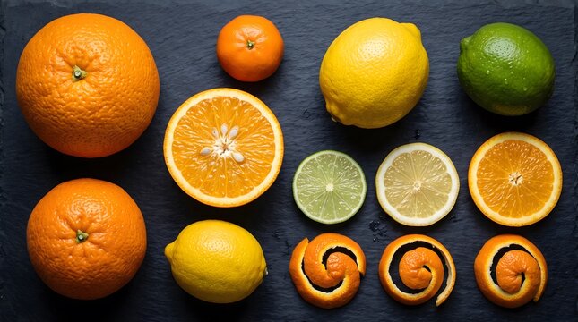 Assorted fresh citrus fruits and peels on dark wooden background.