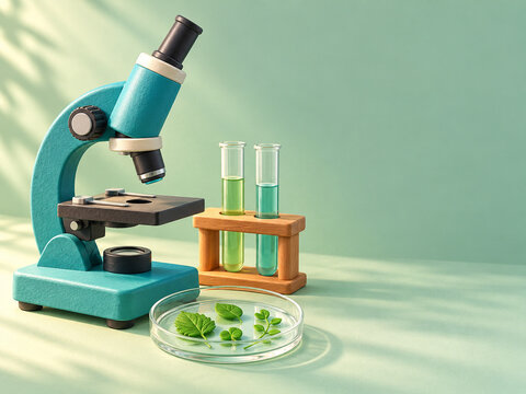 School microscope and leaf samples on a mint background
