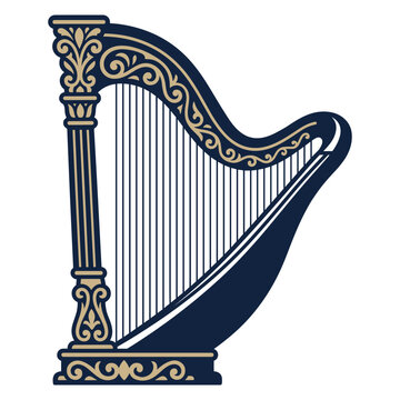 Elegant classical harp illustration with intricate gold and blue scrollwork. Decorative musical harp icon in flat vector style