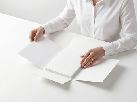 White Book in Open Presentation Folder Mockup Held by Woman for Branding