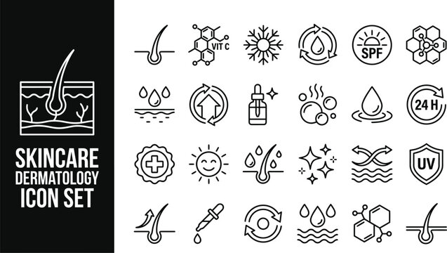 Skincare and dermatology line icon set skin care, beauty, cosmetic, hair follicle, spf protection, uv shield, hydration, antiaging vector outline icons
