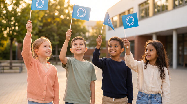 Children celebrating United Nations Day with flags outdoors  