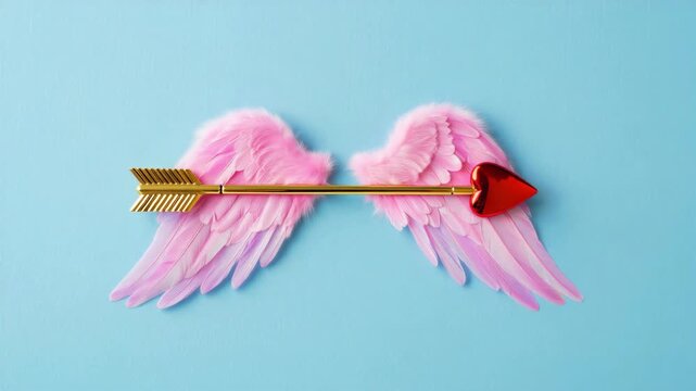 Cupid inspired golden arrow with pink angel wings on pastel blue background for romantic Valentine celebration