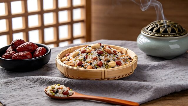 Assorted Multigrain Rice and Nuts in Bamboo Tray with Red Dates and Incense Burner