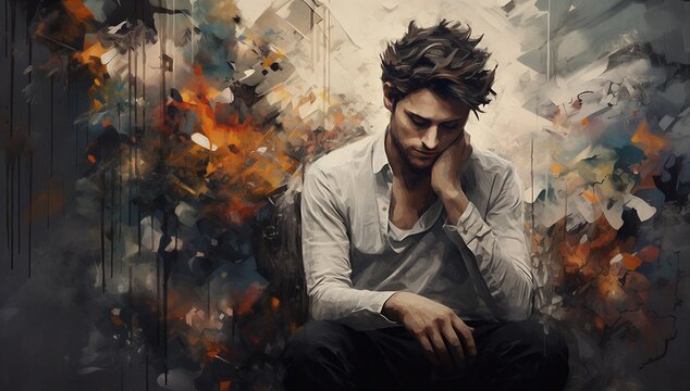 Sad young man sits alone in an abstract storm of color, symbolizing borderline personality disorder, emotional instability, inner conflict, and mental pain.