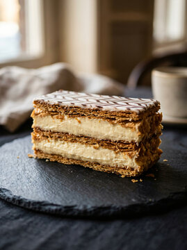 A delicious slice of mille-feuille pastry served on a dark slate plate.
