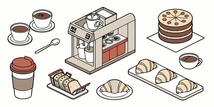 Isometric coffee shop equipment and bakery featuring a coffee machine, cups, saucers, a spoon, croissants, and a layered cake on white background
