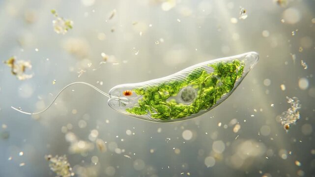 Microscopic view of euglena gracilis, a singlecelled freshwater organism with a flagellum and chloroplasts