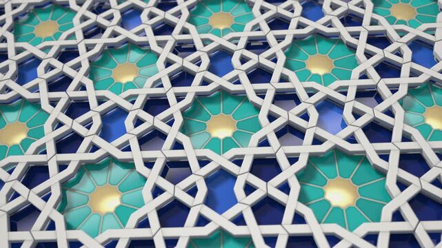 Islamic Geometric Pattern, White Arabesque Lattice with Rotating Star Rosettes over Blue Tile Mosaic, Seamless Loop 4K
