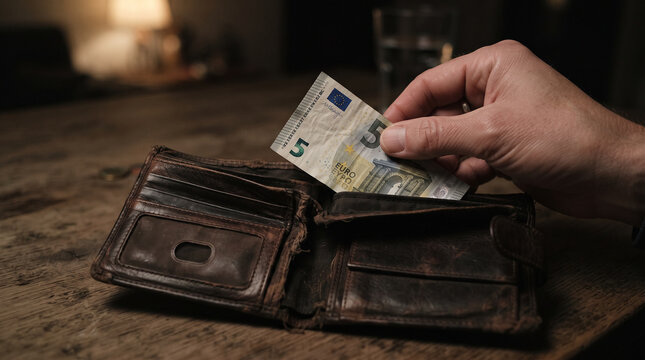 Pocketful of hope: A hand carefully places a five-euro banknote into a worn leather wallet, symbolizing a moment of financial preservation amidst uncertainty, a testament to prudent saving.