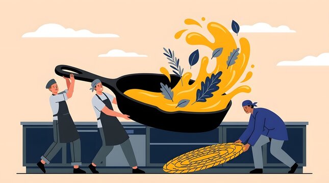 Flat illustration of three chefs working together to cook with a giant frying pan splashing yellow liquid and herbs   