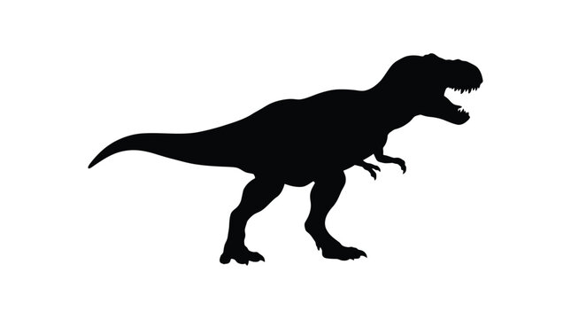 Tyrannosaurus rex dinosaur walking in profile is a black silhouette trex reptile