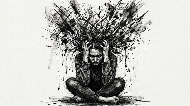 Anxiety Concept Art: Person in distress, head exploding with chaotic abstract lines.