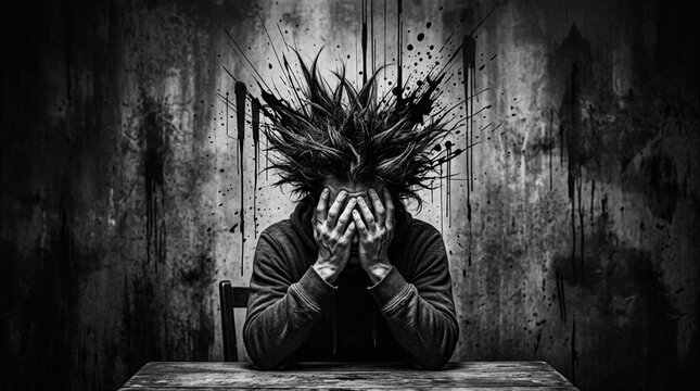 Distress Person Hiding Face From Overwhelmed Chaos, Stress Anxiety