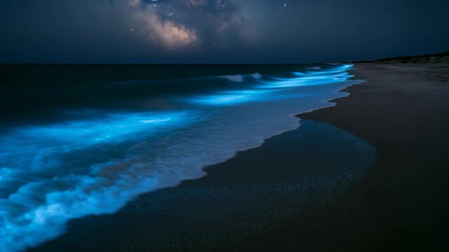 Bioluminescent waves roll onto dark beach beneath starry night sky. Glowing blue surf spreads across wet sand, creating serene, otherworldly coastal view with vivid luminous water.