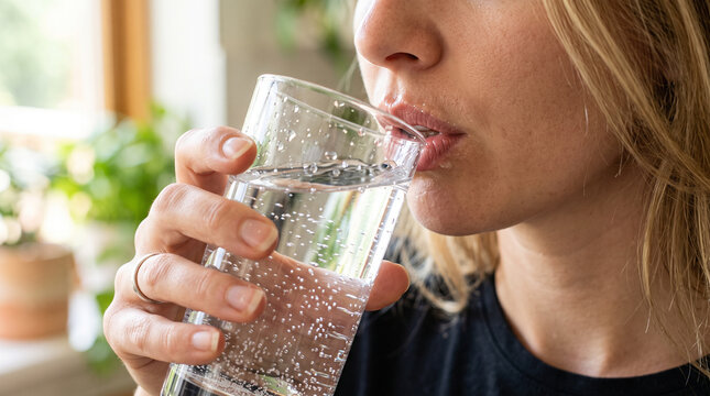 Refreshing Hydration: A close-up shot captures a woman taking a refreshing sip of sparkling water from a clear glass, highlighting the simple pleasure of staying hydrated.