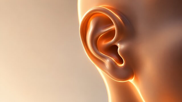 Close up 3D render of human ear with glowing skin edge lighting concept for hearing health sound perception and otology