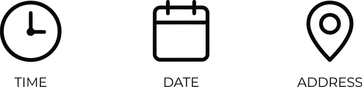 Time icon set with date and location symbols for digital interfaces