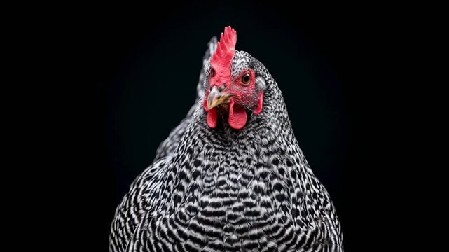 plymouth rock chicken close up isolated on black background video