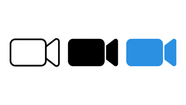 Set of video camera icons in outline, solid black, and blue styles, representing recording, streaming, or media playback functions for user interfaces
