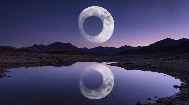 Mysterious Ring Shaped Moon Above Alien Mountain Lake