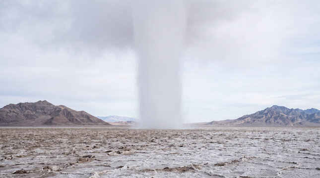 Mysterious Vertical Fog Column Over Remote Salt Plain