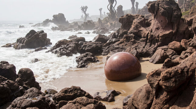 Mysterious Perfect Stone Sphere on Rocky Alien Coast